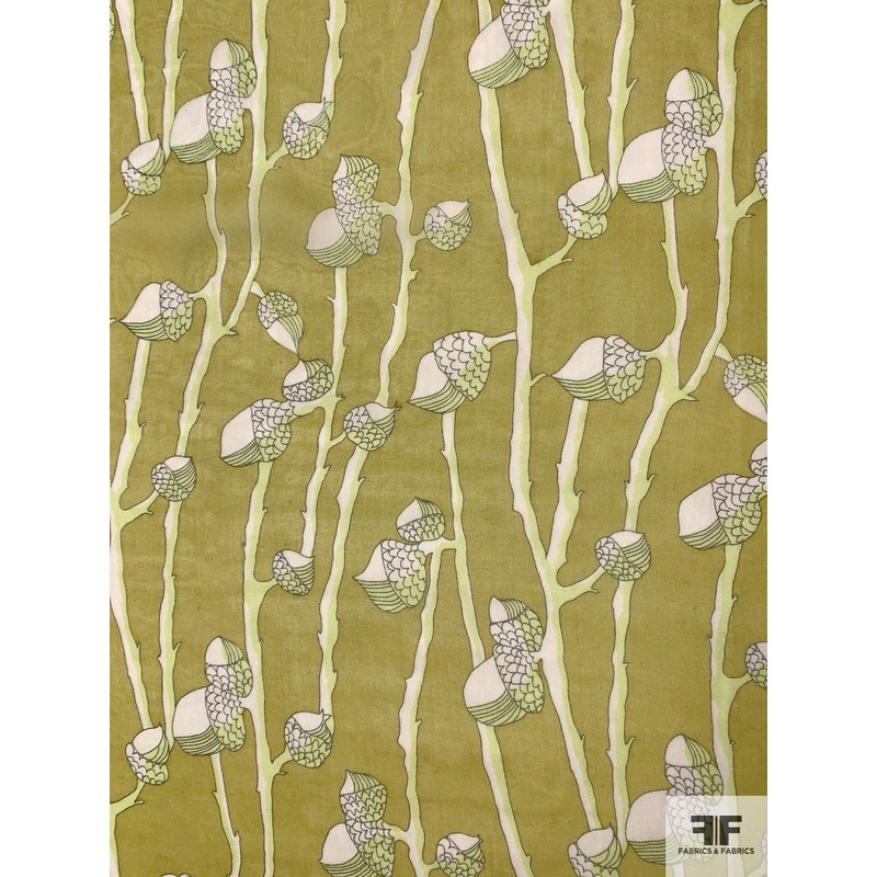 Acorn Stems Printed Silk Chiffon – Lime Green / Off White Fabric by the Yard