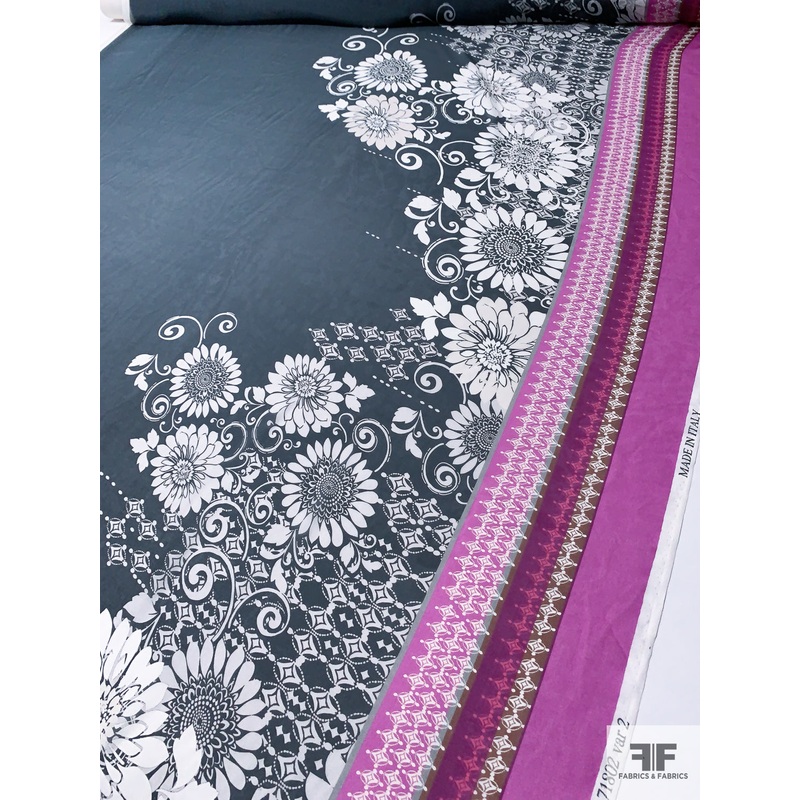 Border-Pattern Floral Printed Silk Chiffon – Smoky Navy / Magenta / Off-White Fabric by the Yard