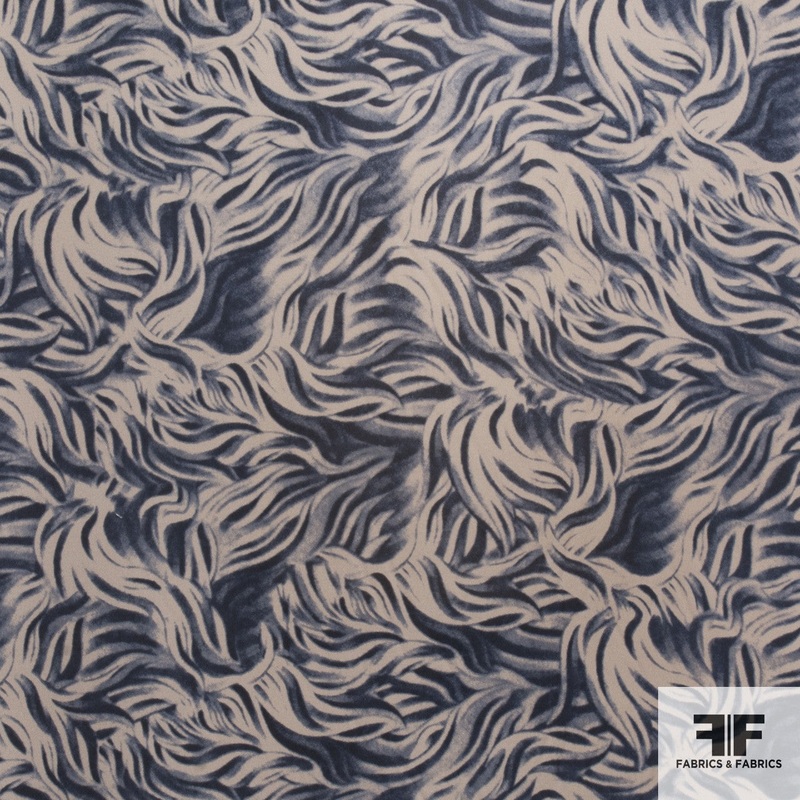 Brushstroke Leaf Silk Printed Georgette – Blue/Tan Fabric by the Yard