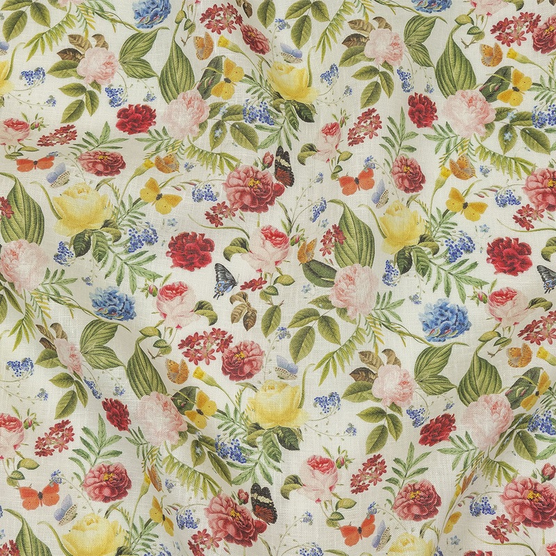 Dark Pink, Yellow and Green Butterfly Garden Medium Weight Linen Woven
