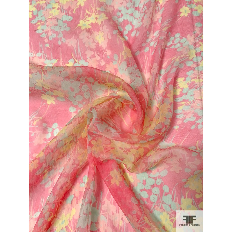 Italian Floral Shrub Silhouettes Printed Crinkled Silk Chiffon – Summer Pink / Yellow / Celeste Fabric by the Yard