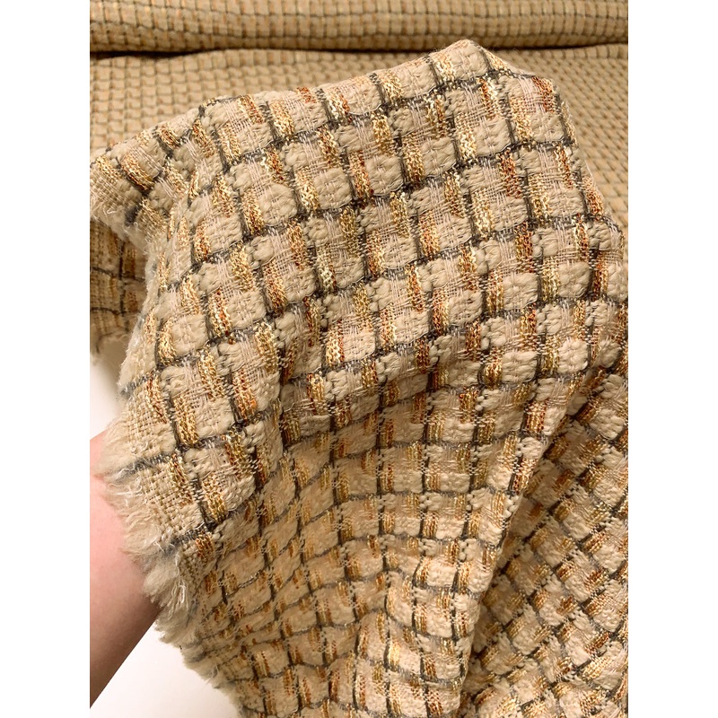 Italian Textured Basketweave Wool Blend Tweed – Beige / Grey / Burnt Orange / Cream Fabric by the Yard