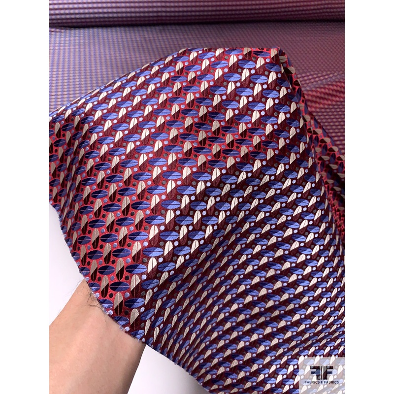 Leaf Geometric Silk Necktie Jacquard Brocade – Red / Periwinkle / Navy / Off-White Fabric by the Yard