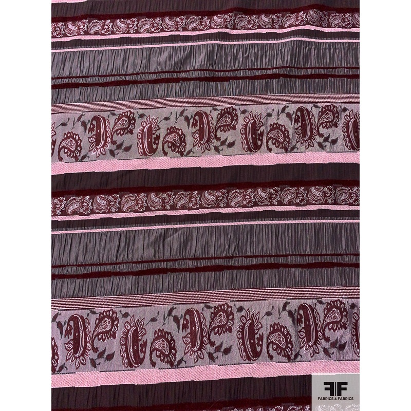 Linear Pattern and Paisley Tapestry-Look Brocade – Maroon / Pale Pink / Grey Fabric by the Yard