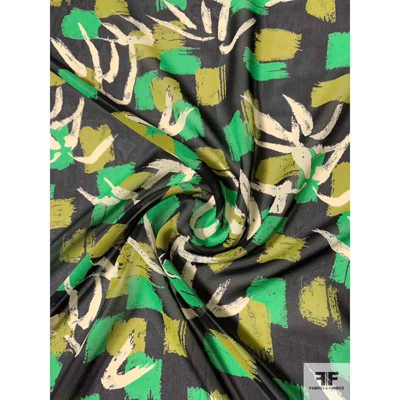 Painterly Brushstroke Printed Silk Chiffon – Kelly Green / Olive Green / Black / Off-White Fabric by the Yard