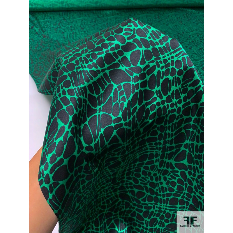 Reptile Printed Silk Charmeuse – Emerald Green / Black Fabric by the Yard