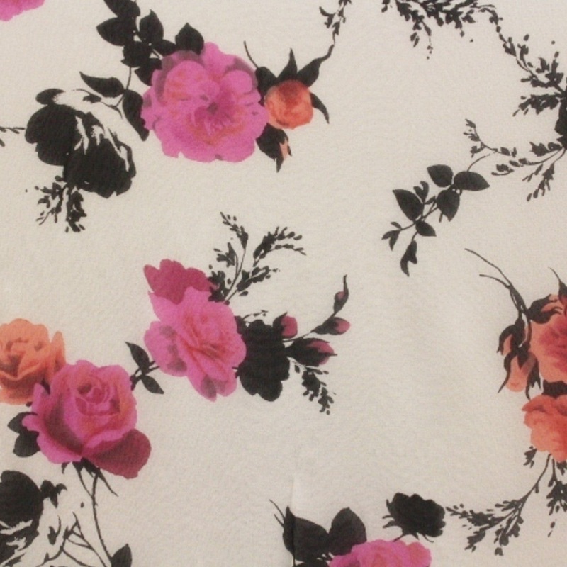Rose Floral Printed Silk Chiffon -White/Pink/Orange Fabric by the Yard