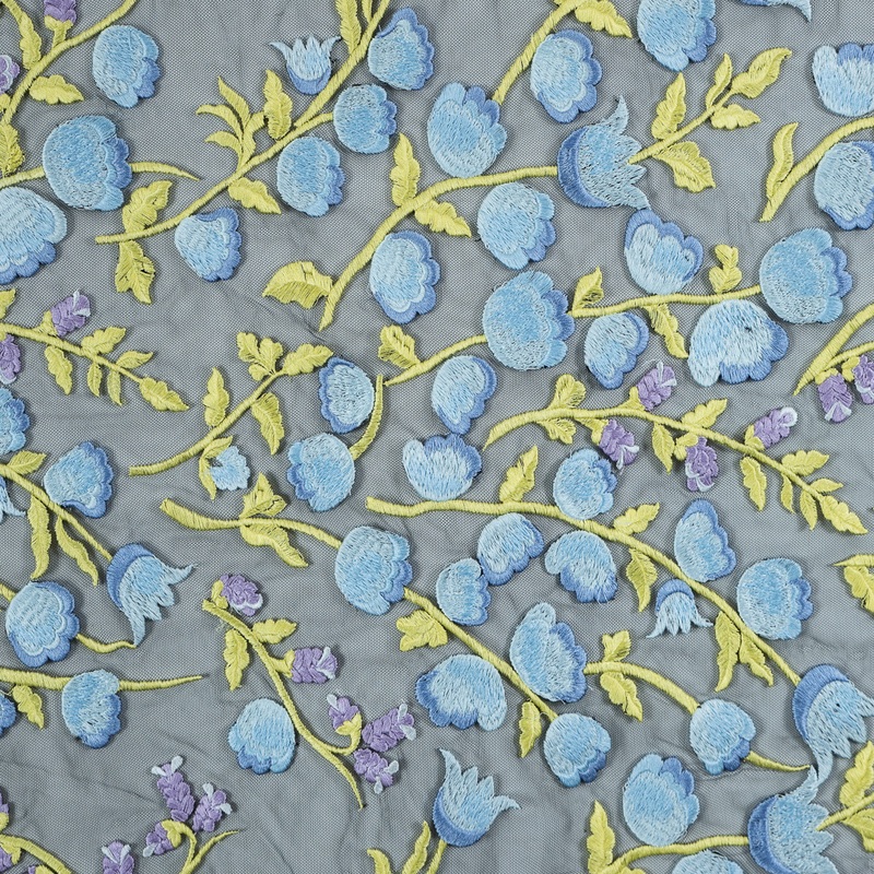 Sunny Lime, Orchid Bloom and Blue Bell Floral Embroidered Lace on Black Tulle