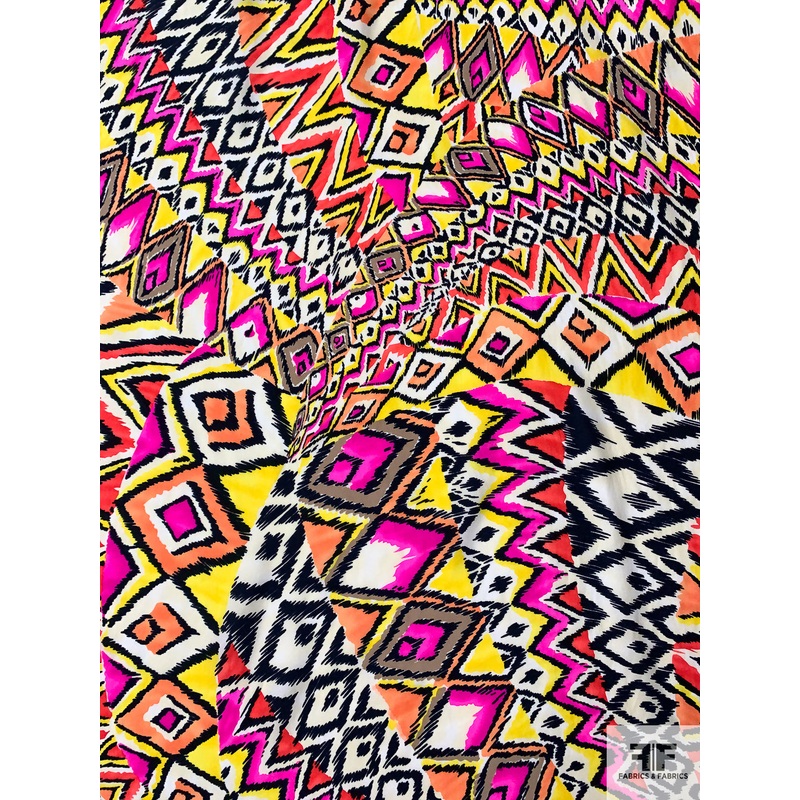 Swirving Ikat Matte-Side Printed Silk Charmeuse – Hot Pink / Yellow / Hot Coral / Navy Fabric by the Yard