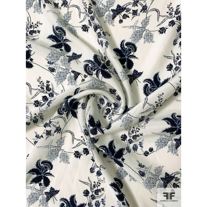 Toile-Like Floral Matte-Side Printed Silk Charmeuse – Navy / Off-White / Black Fabric by the Yard