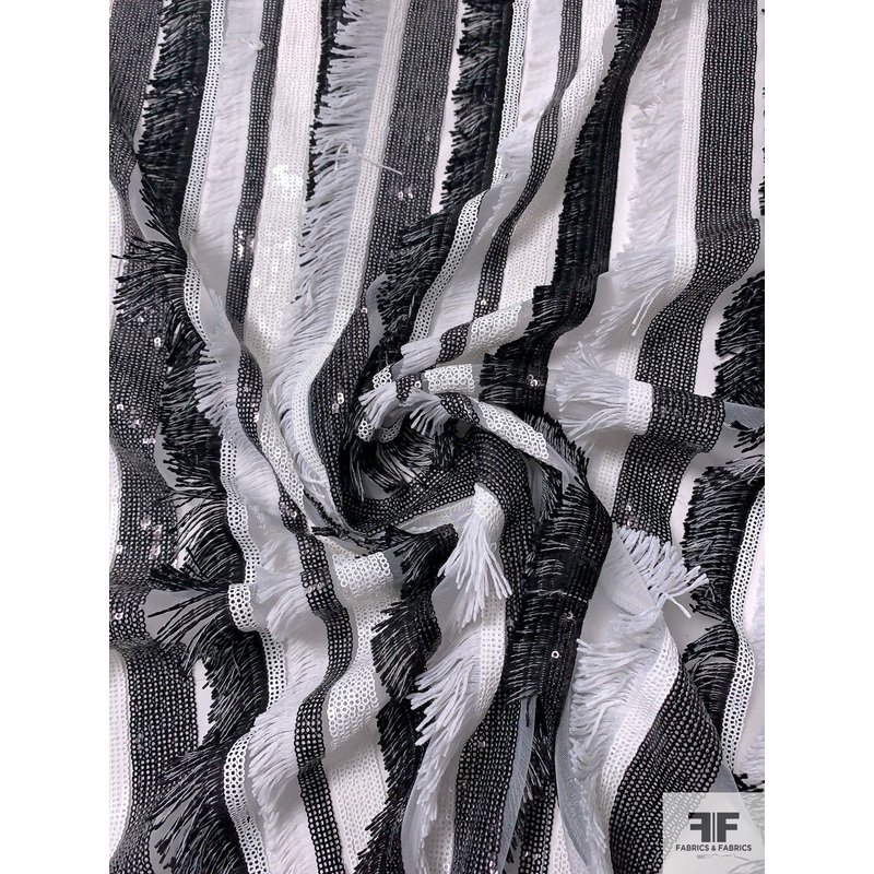 Vertical Striped Sequins and Fringe Stitched on Tulle – Black / Off-White Fabric by the Yard