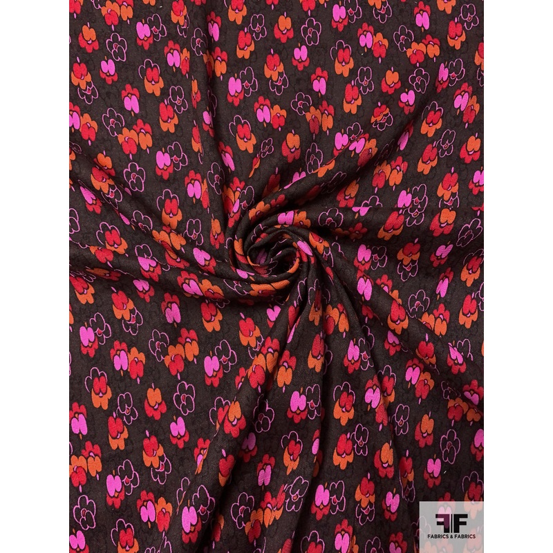 Anna Sui Playful Floral Printed Lightweight Rayon Crepe – Brown / Hot Pink / Red / Orange Fabric by the Yard