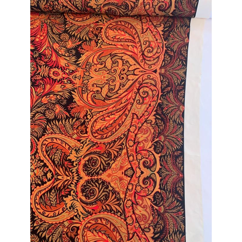 Bohemian Paisley Printed Silk Georgette with Border Pattern – Red / Rust / Black Fabric by the Yard