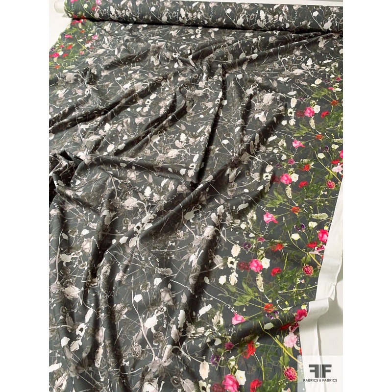 Double Border Pattern Floral Stems Printed Stretch Cotton Lawn – Dark Grey / Green / Red / Hot Pink Fabric by the Yard