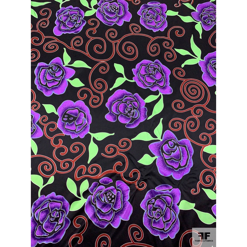 Floral and Swirl Vine Printed Silk Charmeuse – Violet / Green / Brick / Black Fabric by the Yard