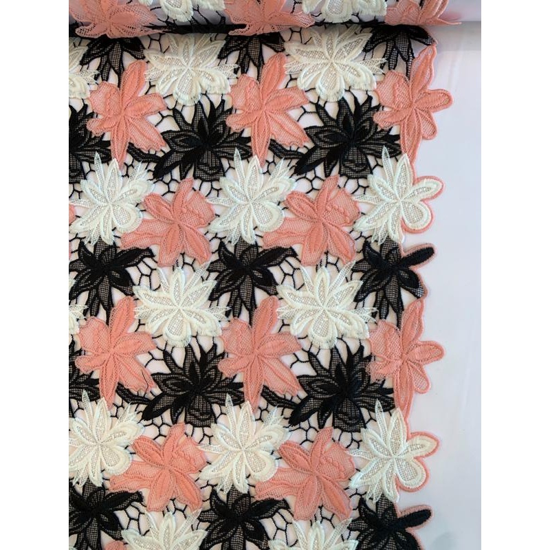 Floral Double-Scalloped Guipure Lace – Salmon Pink / White / Black Fabric by the Yard