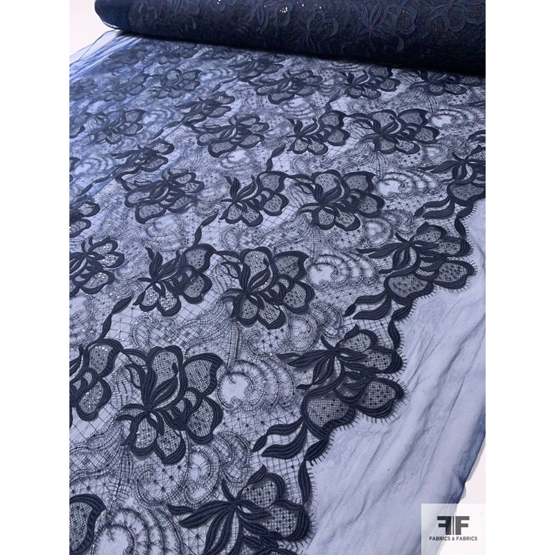 Floral Embroidered Web on Stiff Netting with Sequins Detailing – Navy Fabric by the Yard