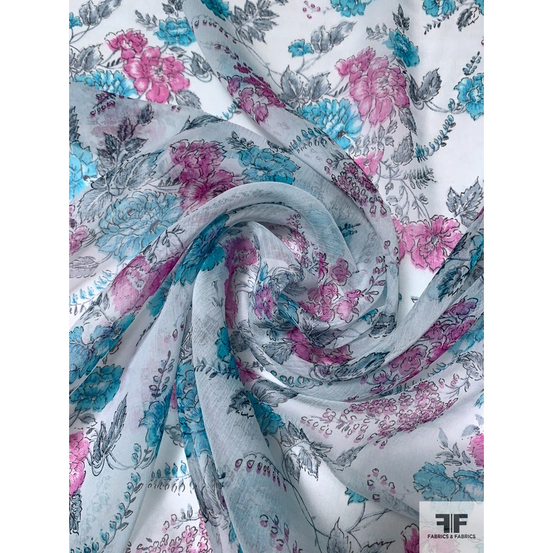 Floral Printed Crinkled Silk Chiffon – Sky Blue / Aqua Blue / Orchid Pink Fabric by the Yard