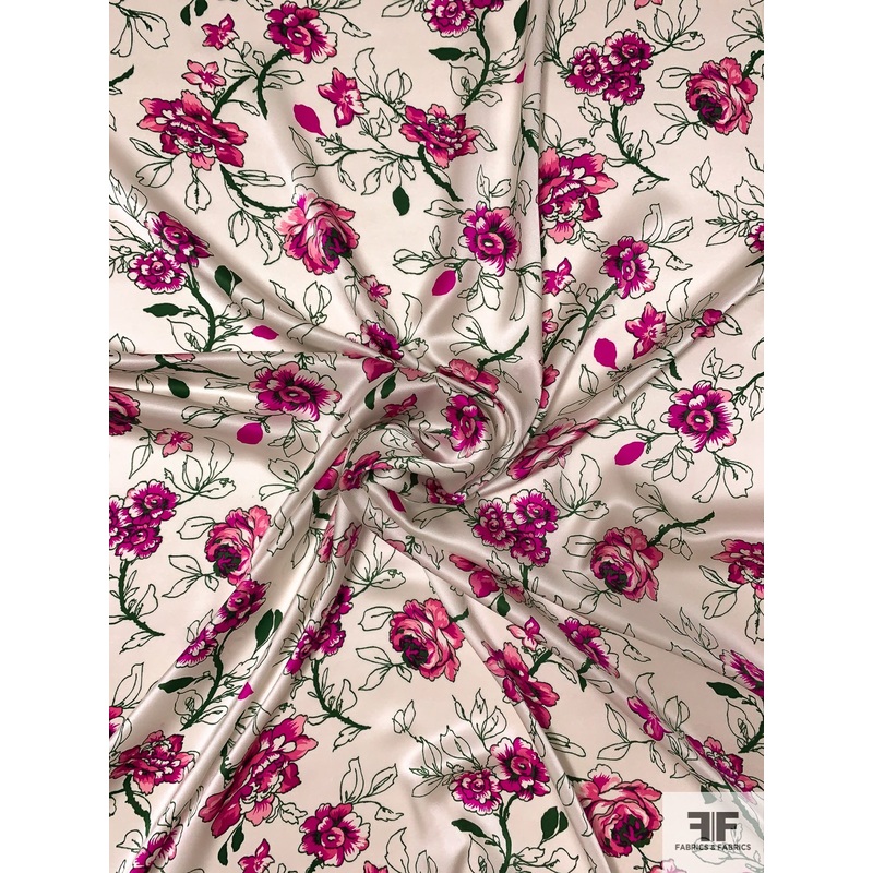 Floral Printed Silk Charmeuse – Magenta / Evergreen / Off-White Fabric by the Yard