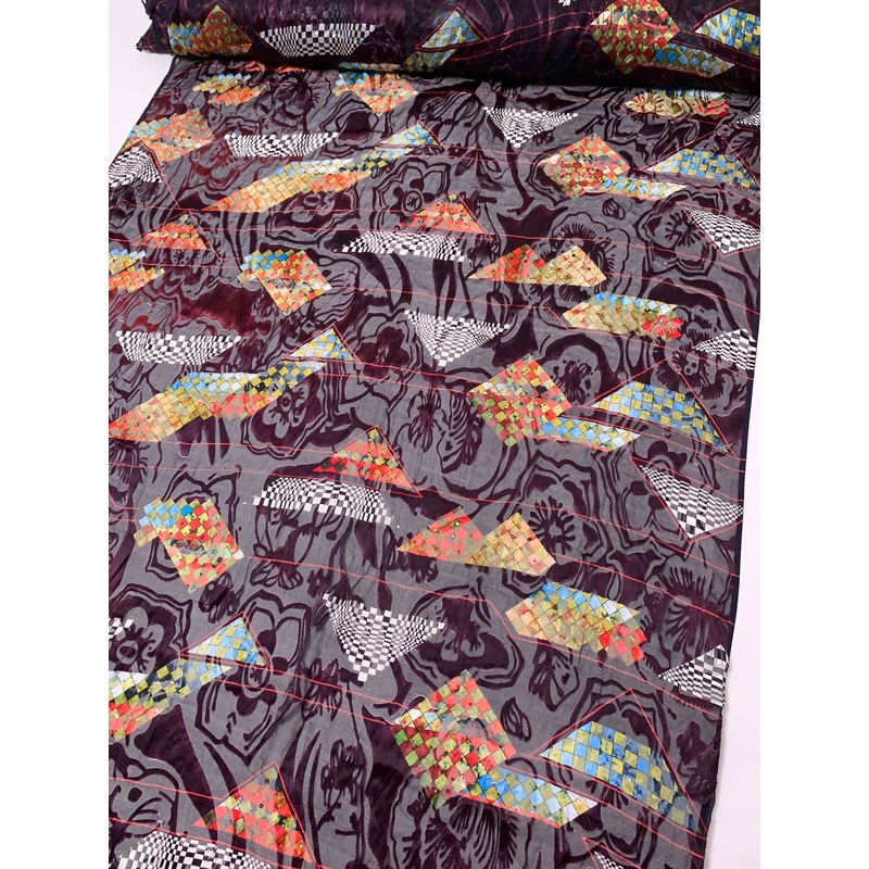 Geometric Pyramids Printed Silk-Rayon Burnout Chiffon with Stones – Eggplant Purple / Black / White / Multicolor Fabric by the Yard