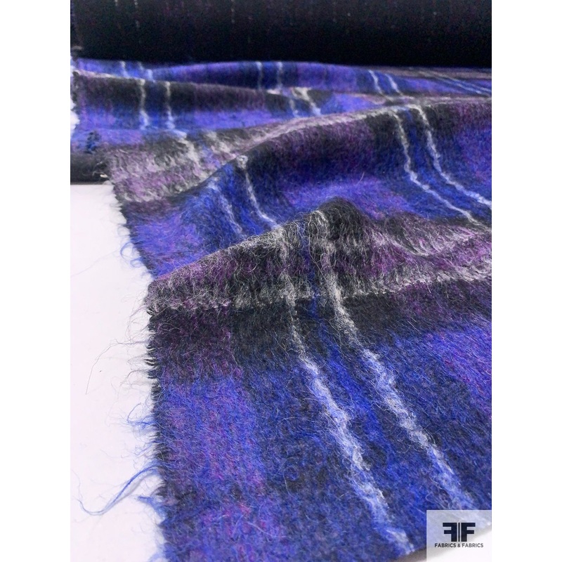 Italian Bold Plaid Wool-Mohair Lightweight Coating – Royal / Purple / Black / Off-White Fabric by the Yard