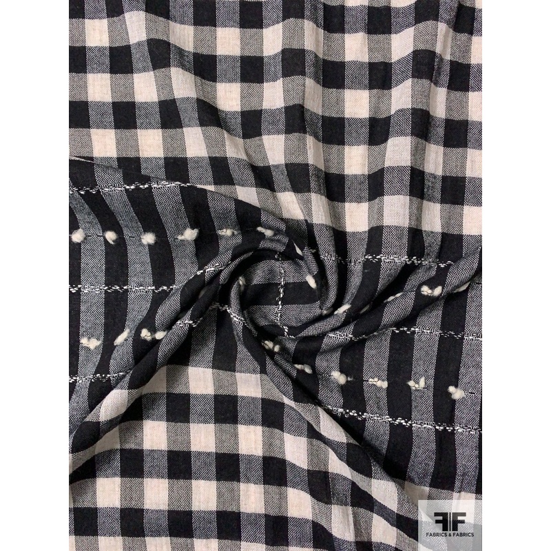 Italian Gingham and Striped Lightweight Suiting with Nub Yarns – Black / Ivory Fabric by the Yard