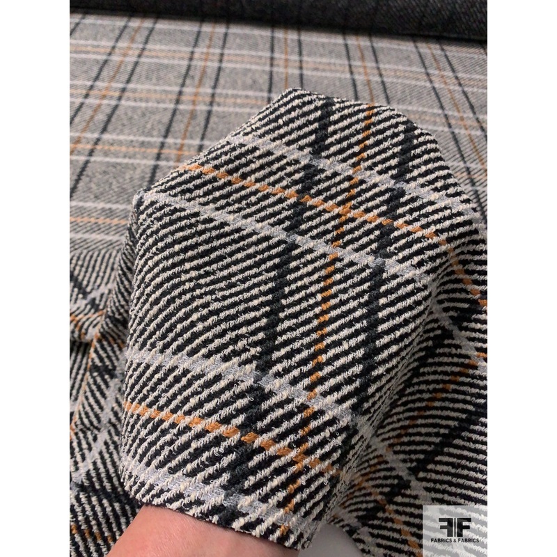 Italian Plaid Jacket Weight Stretch Suiting – Ivory / Grey / Black / Turmeric Fabric by the Yard