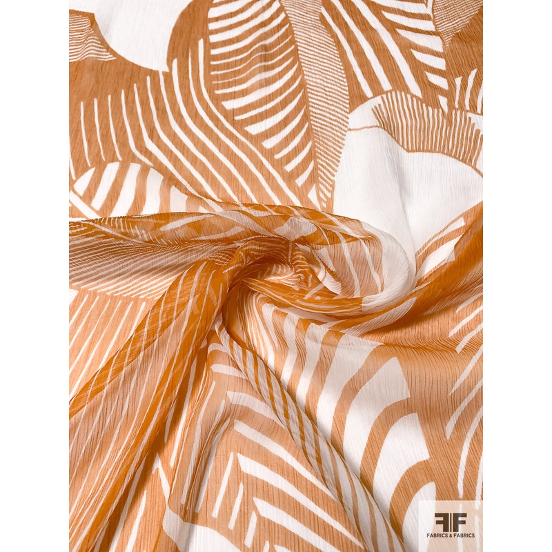 Italian Tropical Leaf Graphic Printed Crinkled Silk Chiffon – Princeton Orange / Off-White Fabric by the Yard