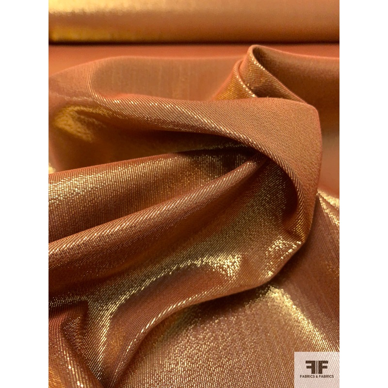 Lurex Pinstriped Silk Chiffon with Fused Backing – Saddle / Gold Fabric by the Yard