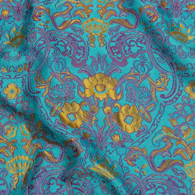 Turquoise, Magenta and Golden Yellow Floral Damask Metallic Luxury Brocade