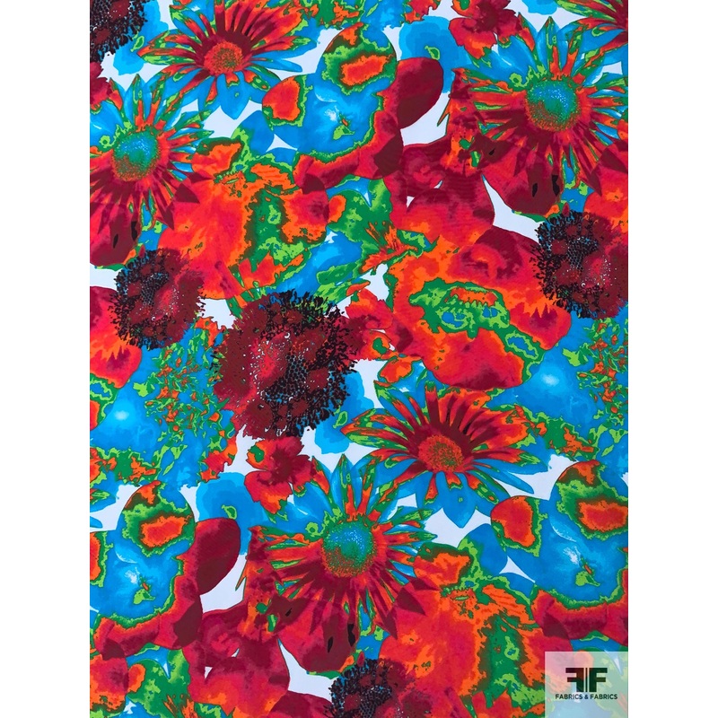 Vibrant Watercolor Floral Printed Silk Crepe de Chine – Reds / Turquoise Blue / Greens Fabric by the Yard