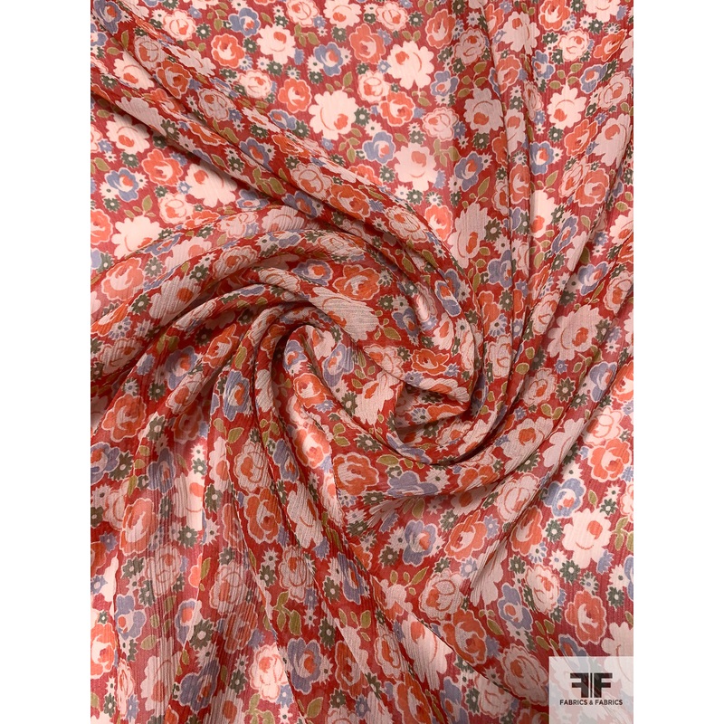 Youthful Floral Printed Crinkled Silk Chiffon – Red / Orange / Green / Dusty Blue Fabric by the Yard