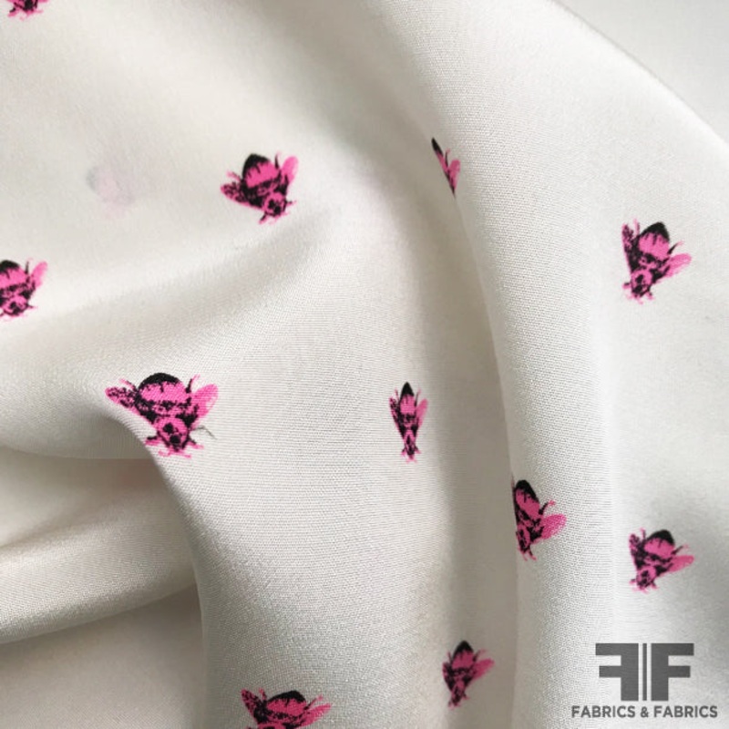 Graphic Bumble Bee Printed Crepe De Chine – Pink/White Fabric by the Yard