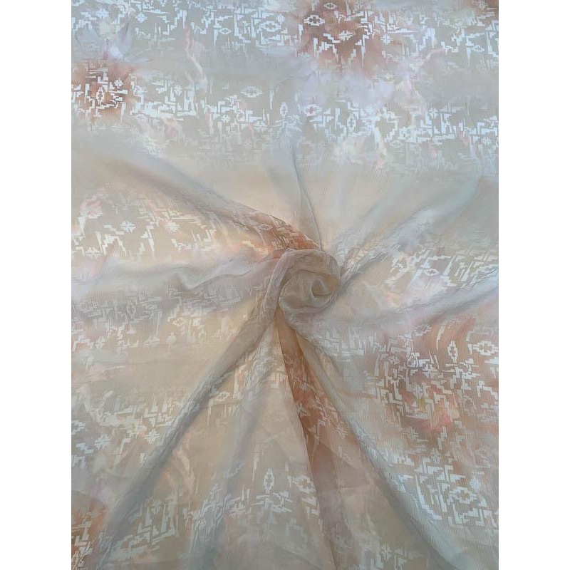 Italian Abstract Ikat Printed Silk Chiffon – Peach / Tan / Ivory Fabric by the Yard
