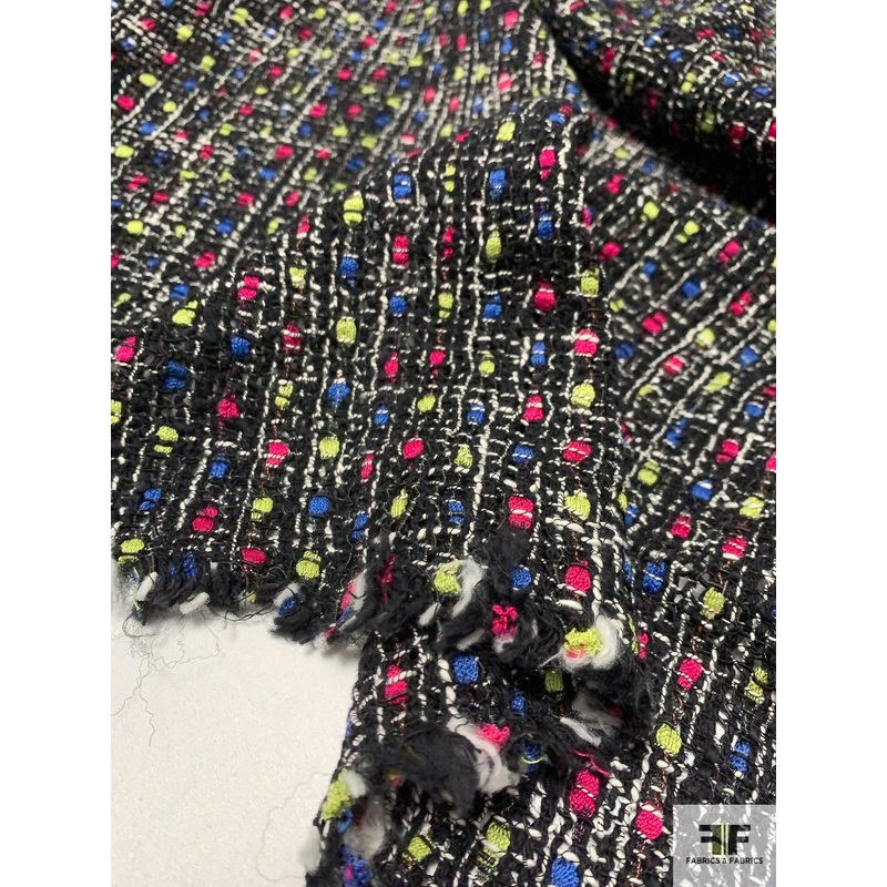 Italian Fashionista Open-Weave Cotton Blend  Tweed – Black / White / Blue / Magenta / Lime Fabric by the Yard
