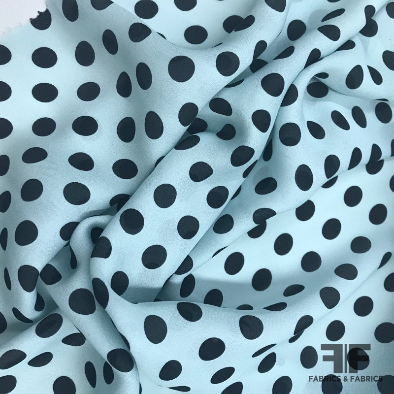 Italian Polka Dot Printed Silk Georgette – Baby Blue/Black Fabric by the Yard