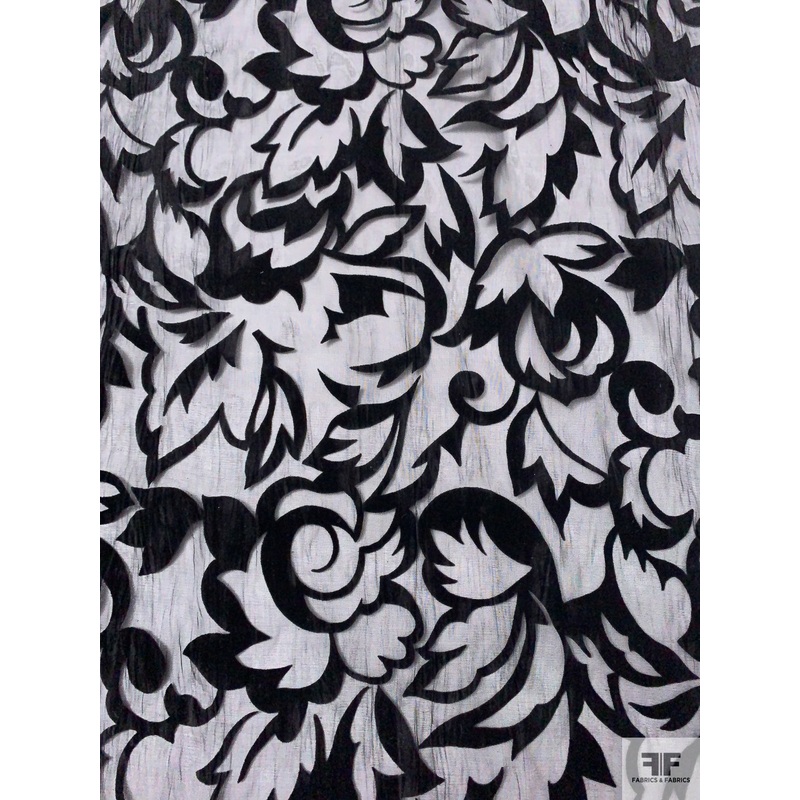 Ornate Floral Flocked Polyester Blend Organza – Black Fabric by the Yard