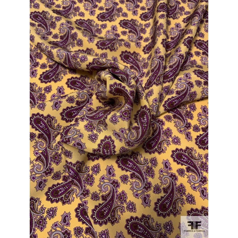 Paisley Printed Silk Crepe de Chine – Buttery Yellow / Purple / Brown / PInk Fabric by the Yard