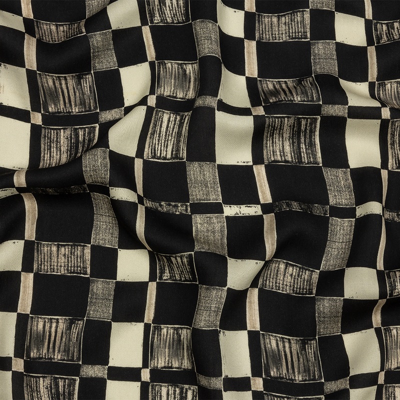 Rayon Challis – Black and White Checks – City Blocked Print – Mood Exclusive Metro Collection