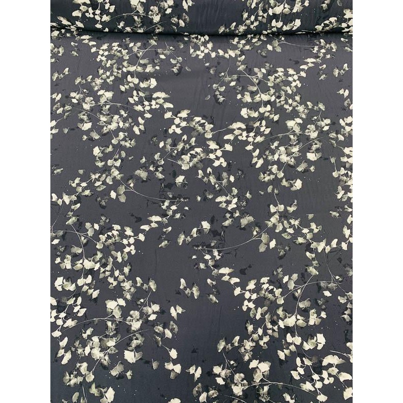 Romantic Floral Matte-Side Printed Silk Charmeuse – Dark Grey / Black / Grey / White Fabric by the Yard