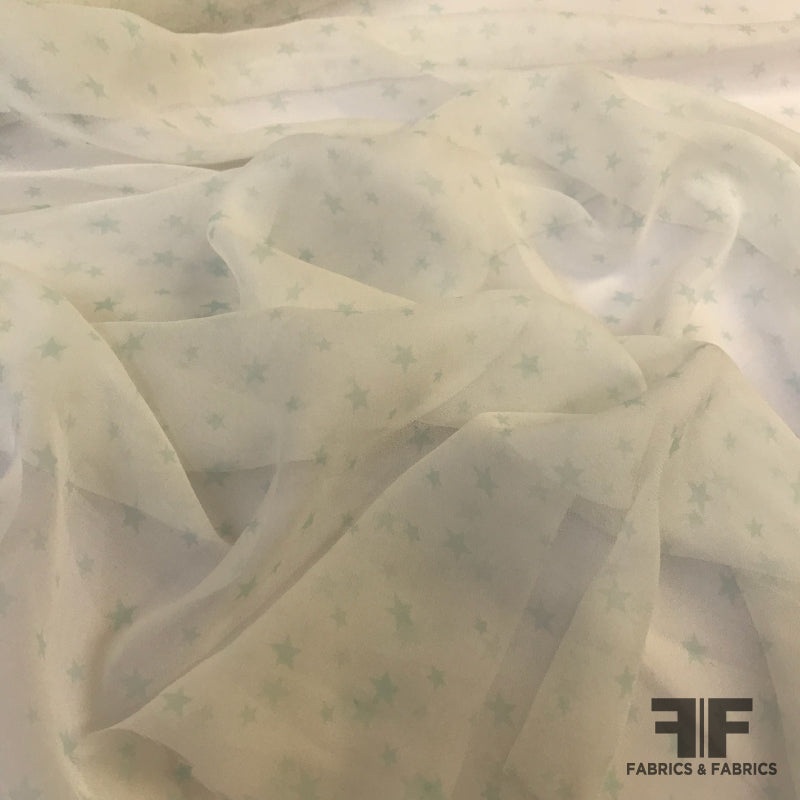 Star Printed Silk Chiffon – Off-White/Blue Fabric by the Yard