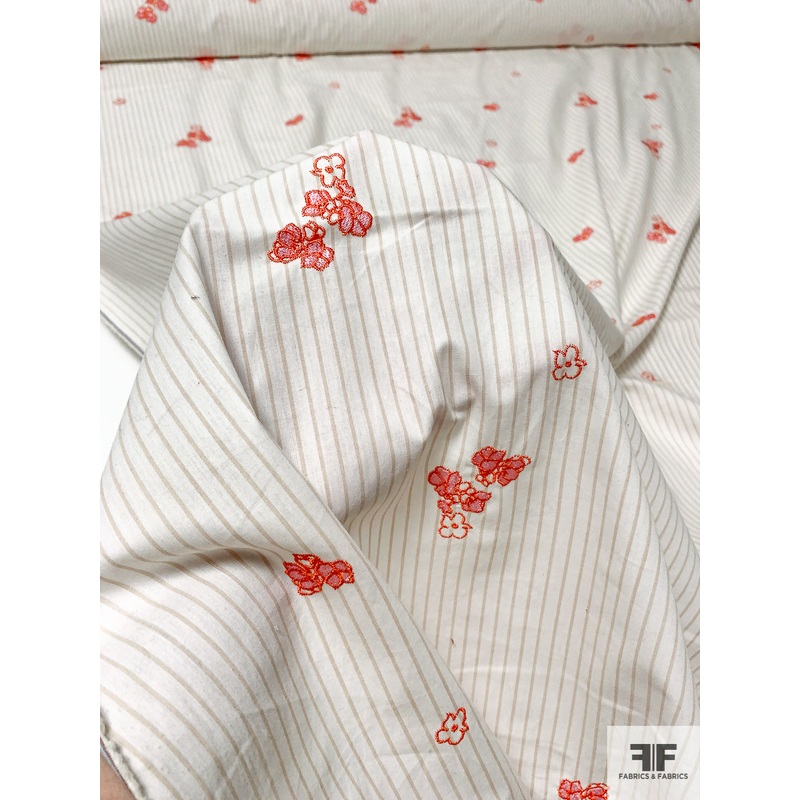 Vertical Striped Cotton Shirting with Ditsy Floral Embroidery – Off-White / Tan / Orange Fabric by the Yard