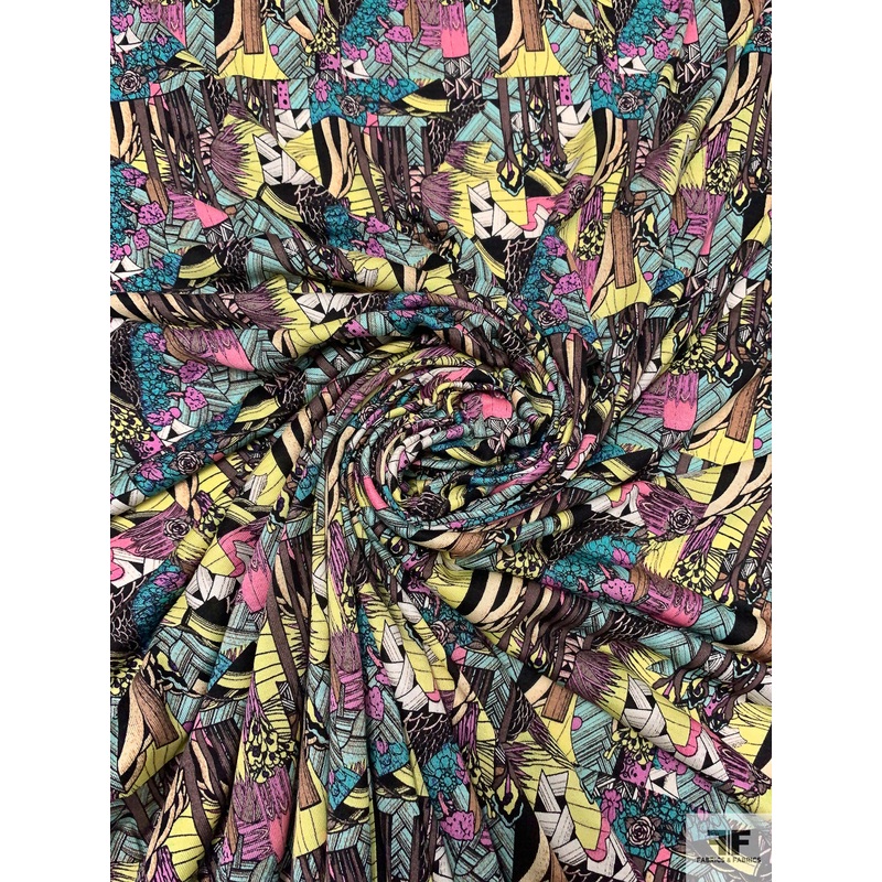 Art Deco Jungle Fantasy Printed Silk Jersey Knit – Soft Yellow / Pink / Seafoam / Turquoise Fabric by the Yard