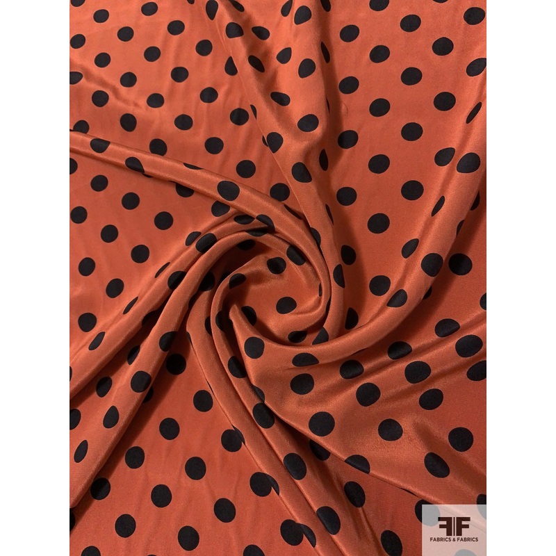 Classic Polka Dot Printed Silk Crepe de Chine – Autumn Rust / Black Fabric by the Yard