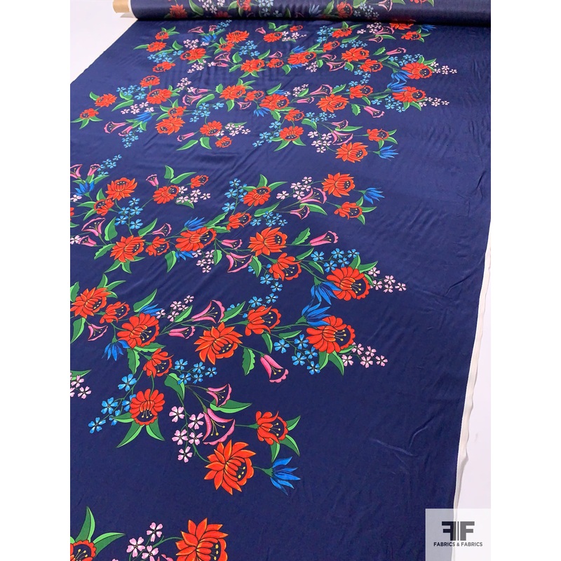 Floral Stem Printed Silk Crepe de Chine Panel – Dark Indigo / Blood Orange / Green Fabric by the Panel