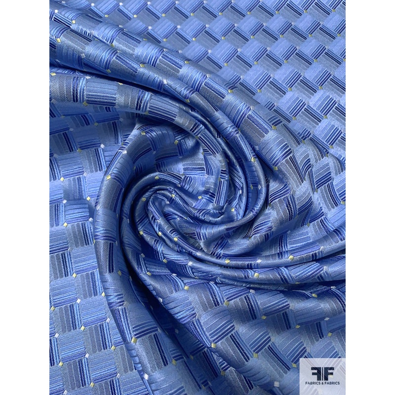 Geometric Basket Silk Necktie Jacquard Brocade – Blues / Yellow / White Fabric by the Yard
