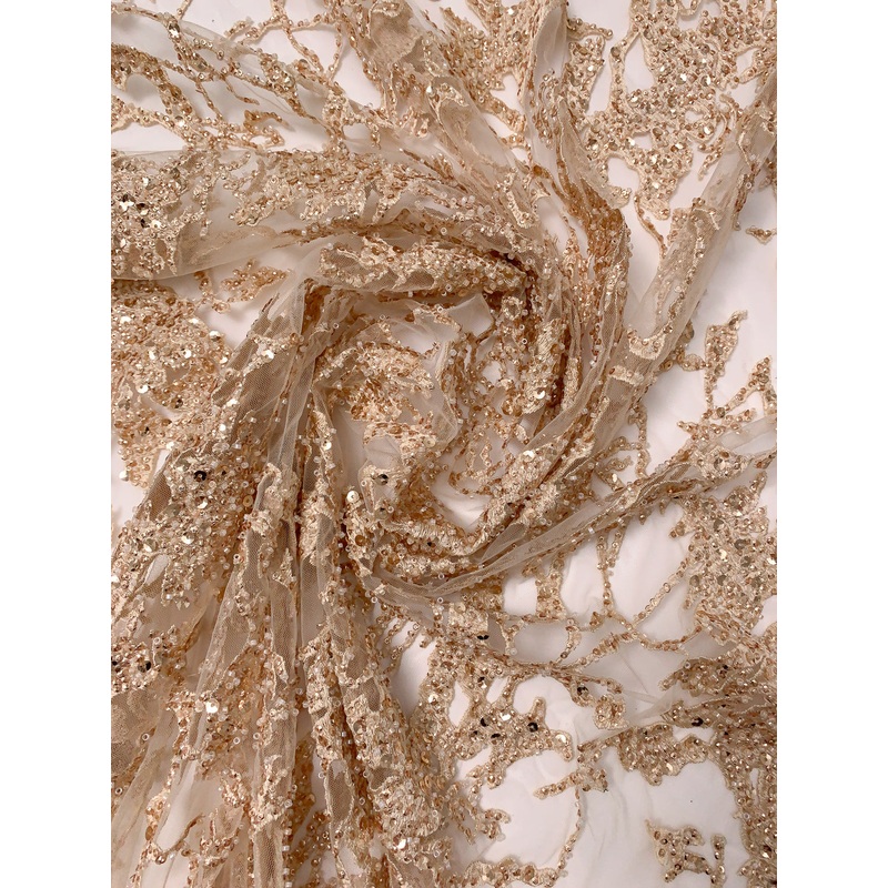 Glam Embroidered Tulle with Beads and Sequins – Champagne Gold Fabric by the Yard