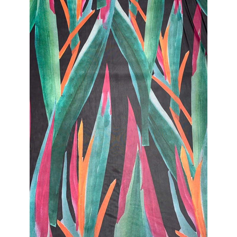 Italian Bold Leaf Strokes Printed Stretch Mesh – Ocean Greens / Orange / Black Fabric by the Yard