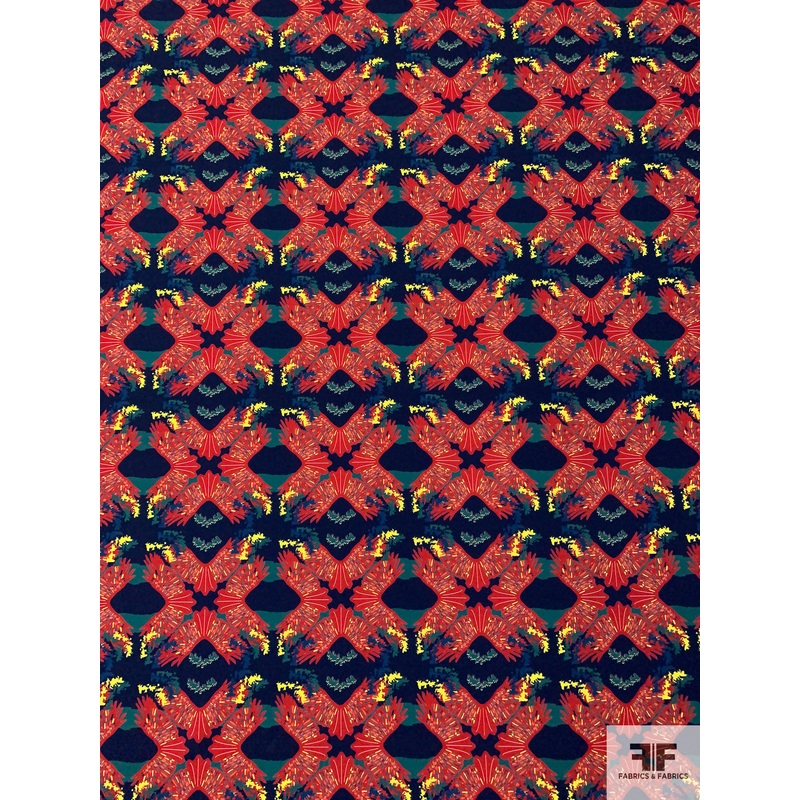 Italian Ethnic Inspired Printed Heavy Stretch Polyester Crepe – Burnt Red / Evergreen / Navy / Yellow Fabric by the Yard