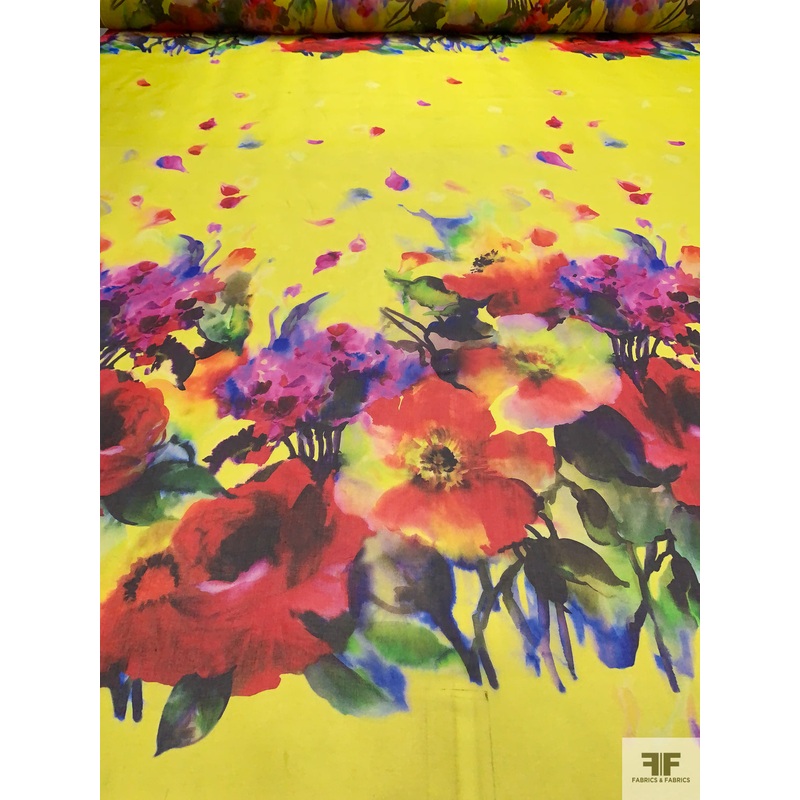 Italian Floral Printed Fine Silk Organza Panel – Yellow / Multicolor Fabric by the Panel